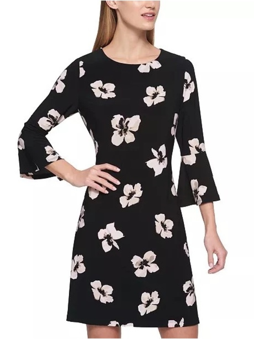 Tommy Hilfiger Black Floral Mini Dress with Bell Sleeves